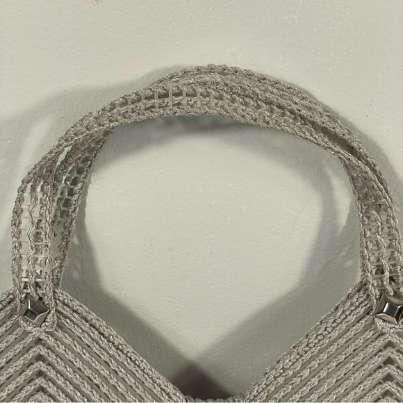 Vintage Handmade Gray Cross Stitch Plastic Canvas Woven Flower Accent Handbag - Picture 13 of 15